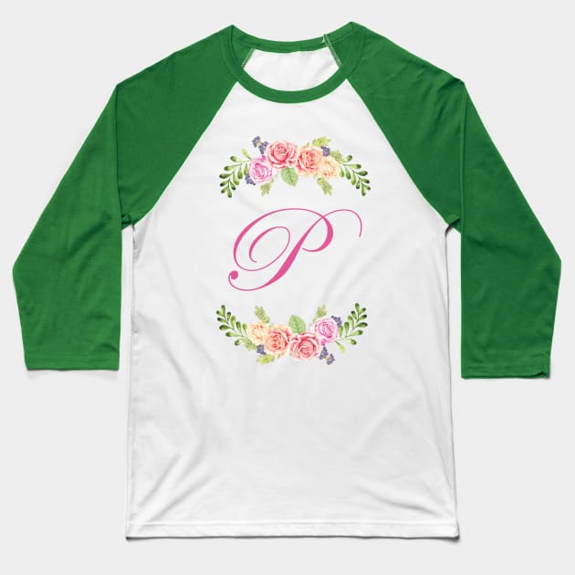 Floral Initial Letter P Baseball T-Shirt by jverdi28